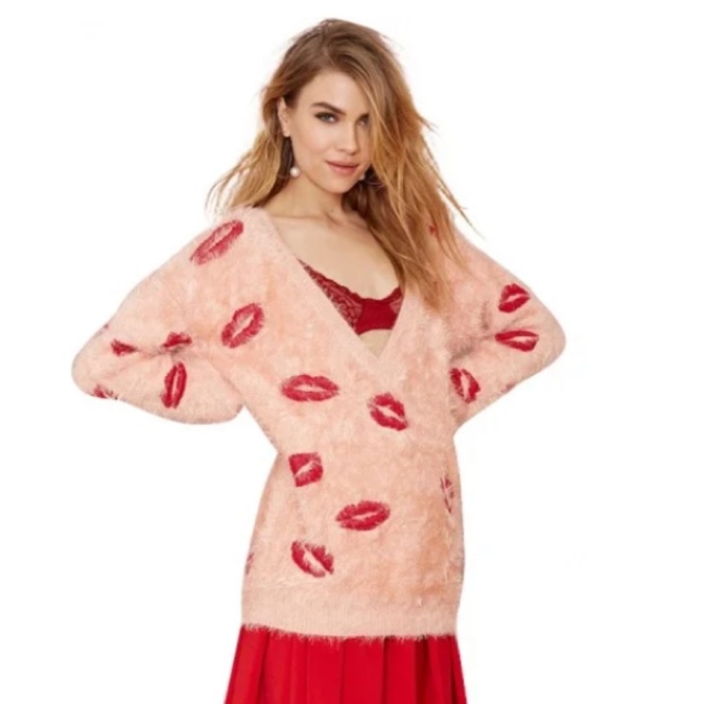 Pink Faux Fluffy V neck lip kiss mark pattern Knit sweater long sleeve top